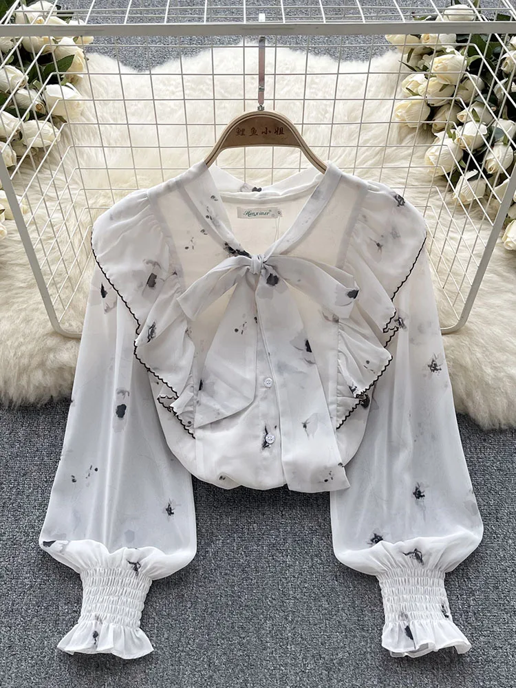 

Women Autumn Shirt Korean Version Retro Romantic Atmosphere Fragmented Blouse Shirt with Ruffled Bow Design Loose Top D5367