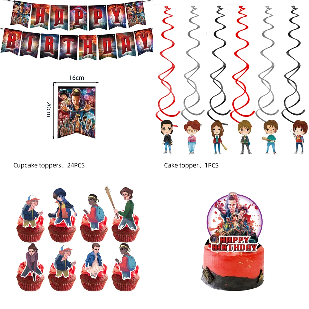 

Stranger Things Theme Disposable Tableware Stranger Story Festival Balloons Cupcakes Banners Party Decoration Birthday Supplies