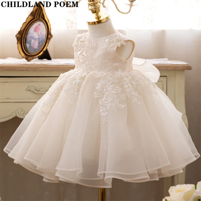 Princess Girls Ball Gown White Children Bridemaid Wedding Kids Dresses For Girls Lace Tulle Elegant 1st Birthday Dress 1-10Y