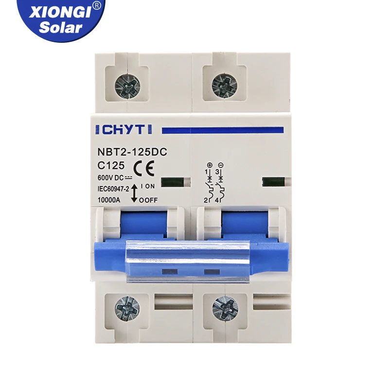 

XIONGISOLAR NBT2-125DC 2P PV Din-рейка постоянного тока 600 В 80A 100A 125A-10kA C Curve солнечный переключатель мини-выключатель MCB