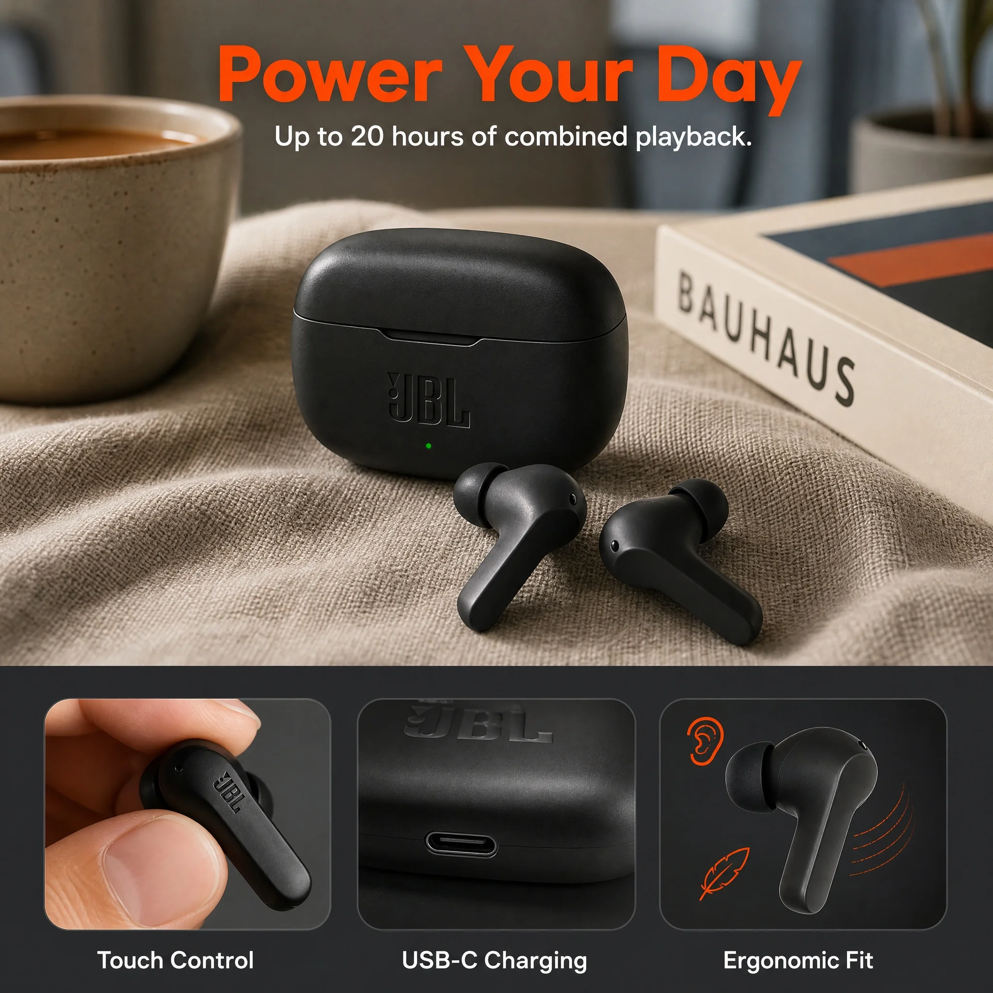 Фото Беспроводные Bluetooth-наушники JBL Wave 200 True Wireless, стереонаушники с глубоким басом, наушники W200, беспроводные наушники с микрофоном №2
