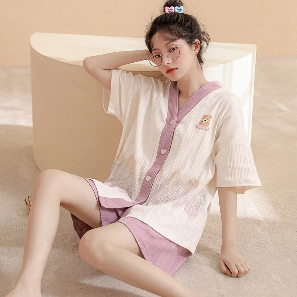 Cotton Women Pajamas Sets Cartoon Pyjamas Female Loungewear Pijamas Short Sleeve Button Down Top Shorts Suit Sleepwear Nightwear