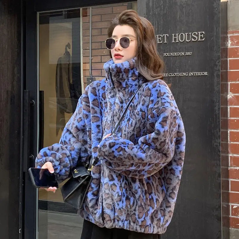 

Retro Leopard-print Lamb Plush Jacket for Women Short Fur Autumn Winter Korean Loose Thick Fur Stand-up Collar Coat