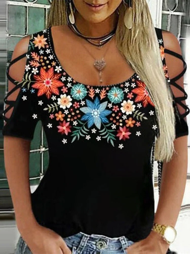 

Женская элегантная Летняя ажурная рубашка Mandylandy с цветочным принтом, модная женская облегающая футболка Y2K с коротким рукавом и круглым выр...