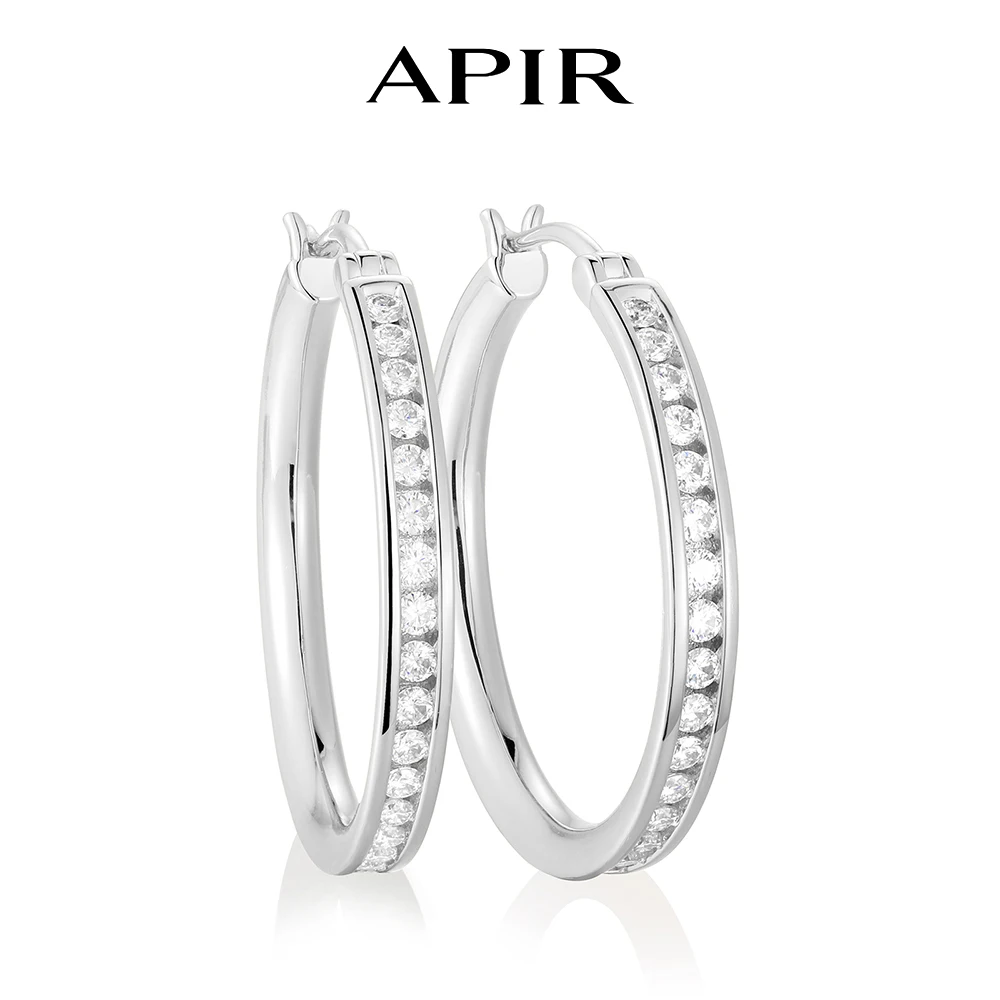 Фото Серьги-кольца APIR 30 мм с муассанитом для женщин, серебро 925 пробы, сверкающие серьги с лабораторными бриллиантами, модные украшения для повседневной носки. №1