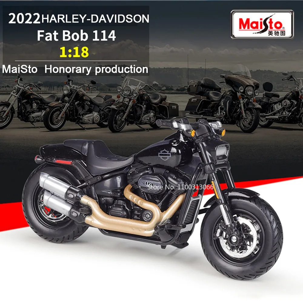 

Модель игрушечного автомобиля Maisto 1:18 Harley-Davidson, модель 2022 Fat Bob 114, руль переднего колеса мотоцикла, можно раскачивать автомобиль для мальчиков, подарки