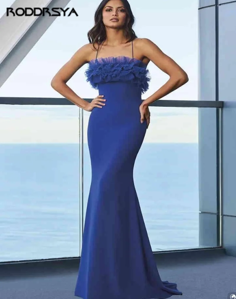 

Sexy Royal Blue Evening Dresses Mermaid Prom Dresses 2022 Ruffles Spaghetti Straps Long Evening Dress Robe de soirée Modern