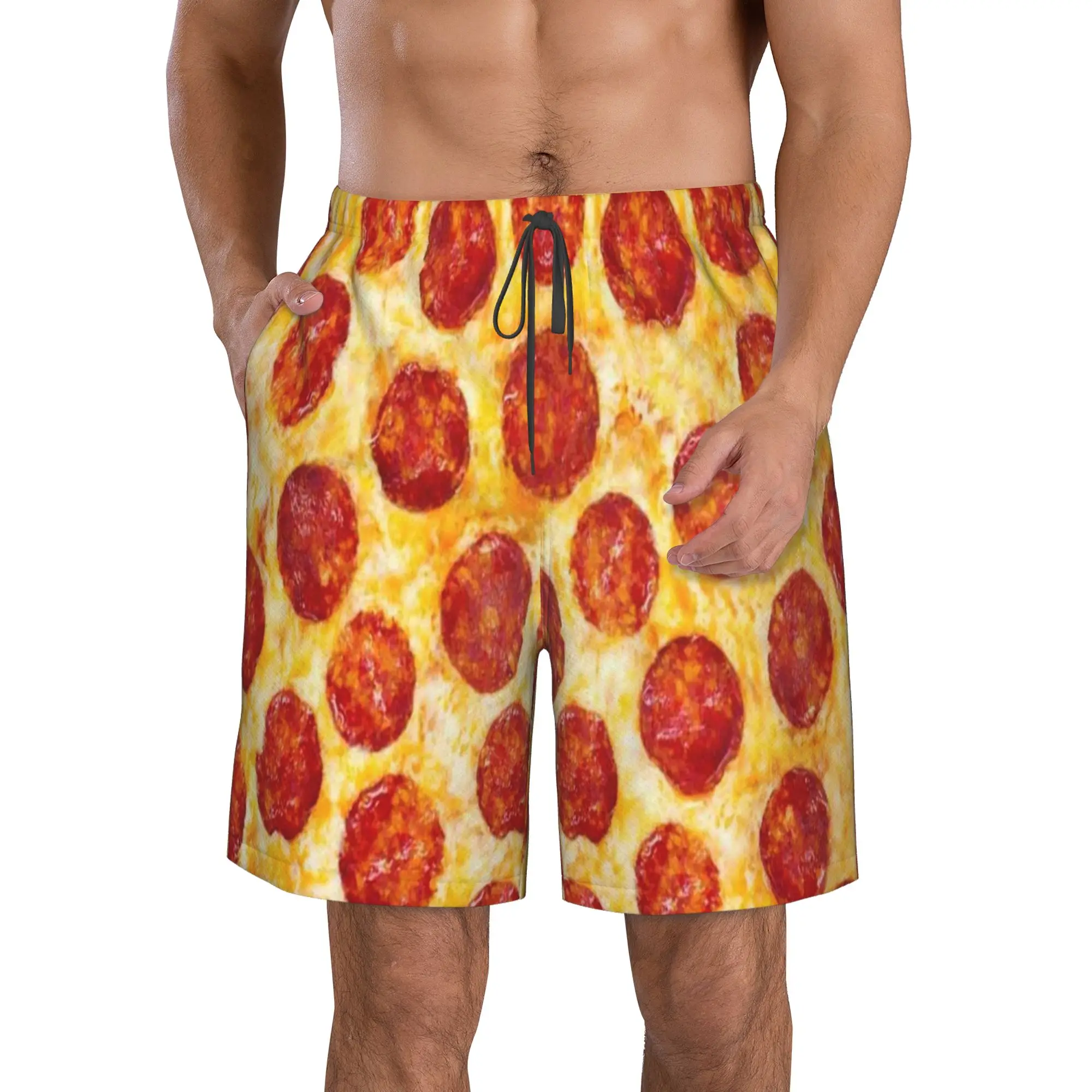 

PIZZA Sausage Pattern Men's printing Swim Trunks Quick Dry Drawstring Waist Beach Swim Trunks Board Shorts with Mesh Lining