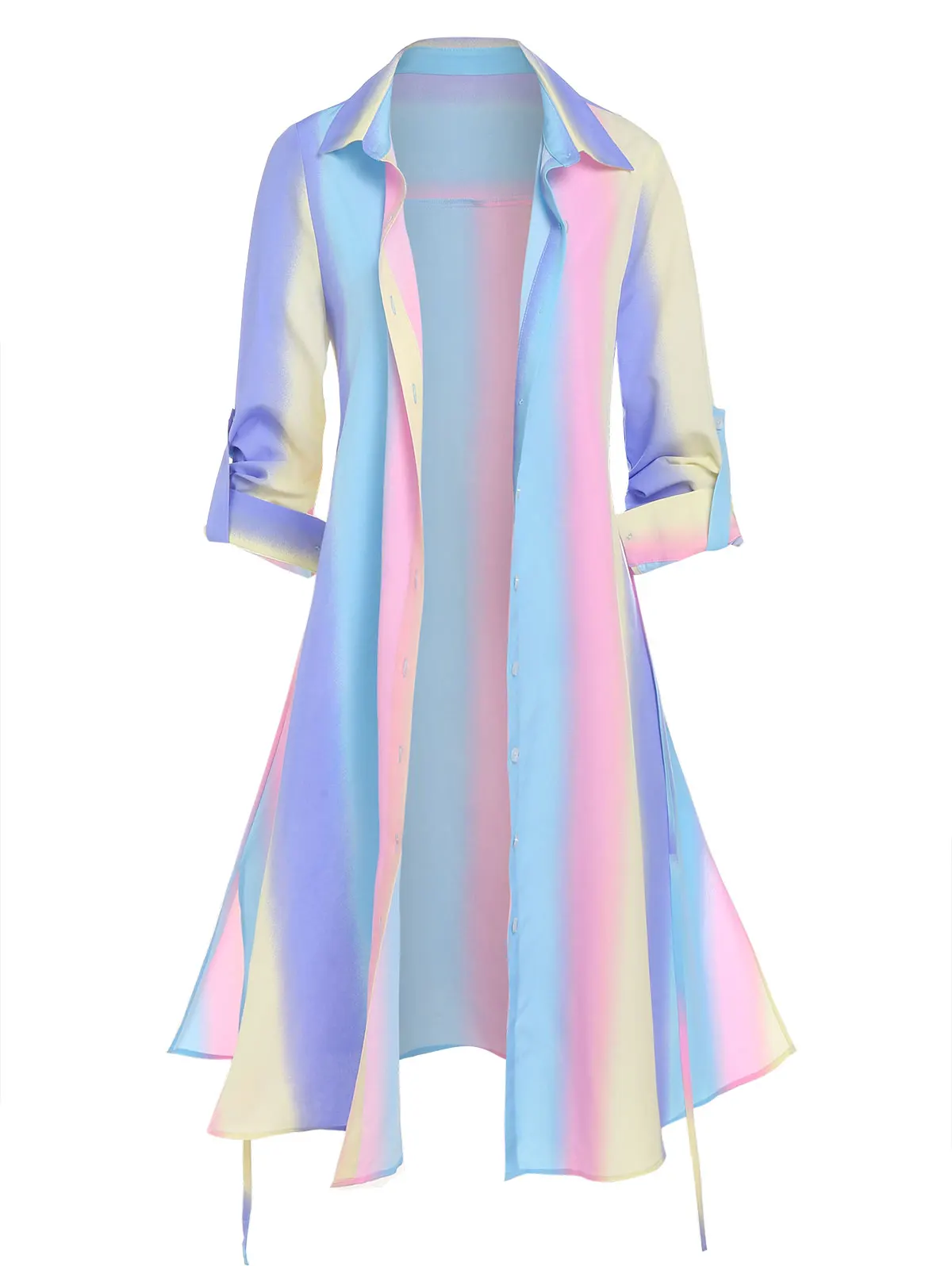

Rainbow Stripes Button Up Belted Shirt Dress Fashion Turn-Down Collar Neck Long Sleeve Shirt Dresses Casual Vestidos Robe Femme