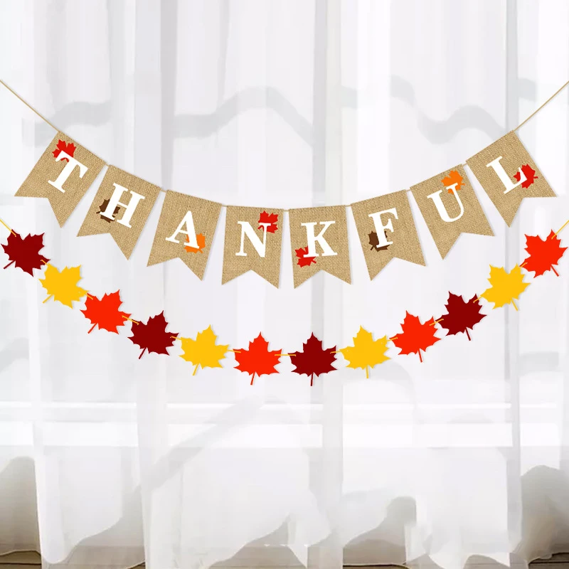

Autumn Orange Thanksgiving Party Decorations Thankful Fall Sign Burlap Banner Felt Maple Leafs Hanging Garlands Leaves Streamers