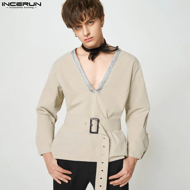 

Men Shirt Patchwork Deep V Neck Streetwear Long Sleeve Fashion Casual Shirts With Belt 2023 Party Camisa Masculina S-5XL INCERUN