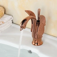 luxury rose gold color brass animal swan style bathroom sink basin faucet mixer tap deck mounted single handle one hole mgf050