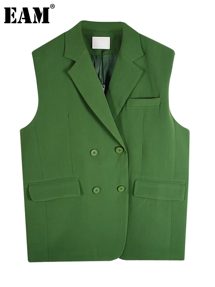 

[EAM] Women Green Double Breasted Vintage Big Size Vest New V-collar Sleeveless Fashion Tide Spring Autumn 2022 1DE7585