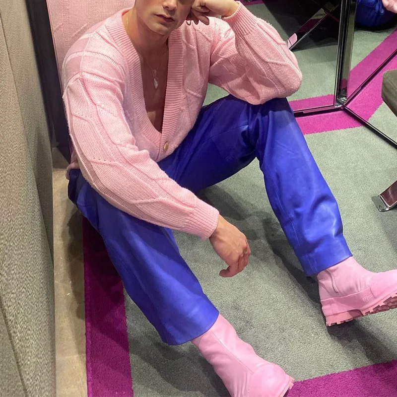 Повседневный свободный розовый свитер кардиган мужские трикотажные куртки