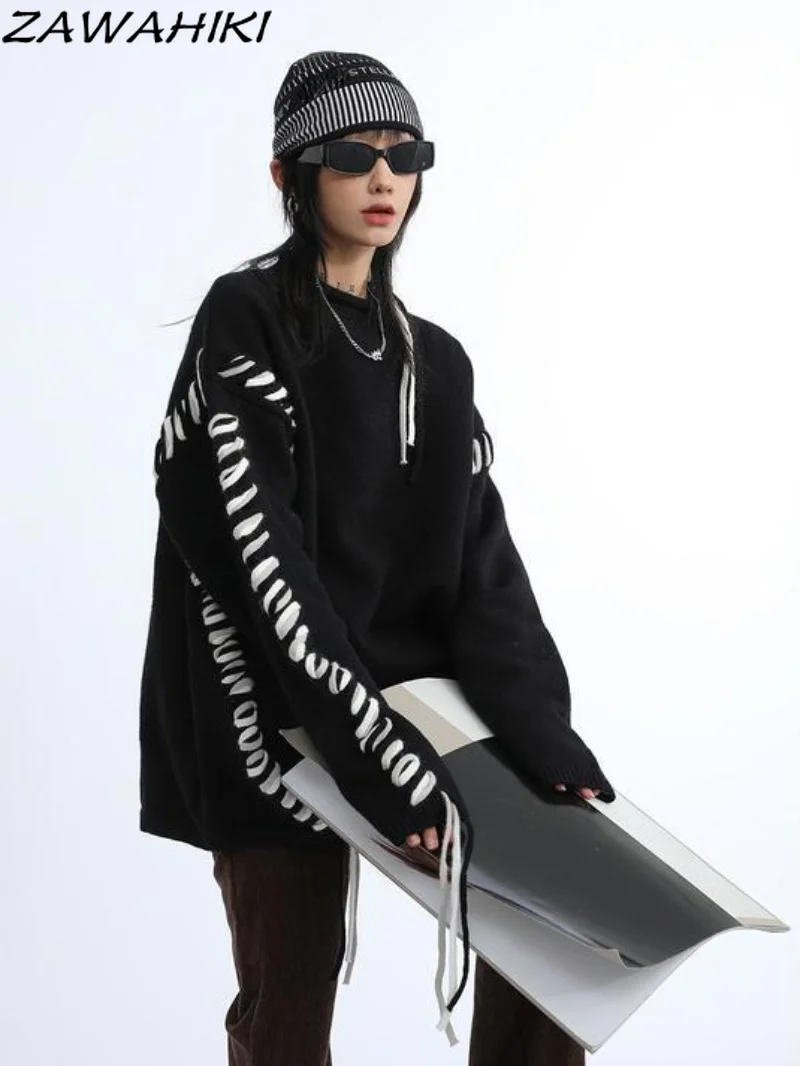 

Hip Hop Women Tops Winter Knitted Sweater Pullover Long-sleeved String Decoration Pullovers O-neck Knitted Drawstring Outerwear