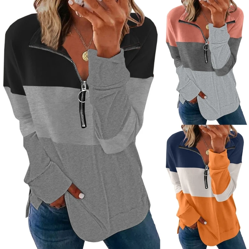 

Casual Long Sleeve 1/4 Zipper Up O-Ring Lapel Pullover Tunic Tops for Women Fashion Loose Colorblock Striped Sweatshirt