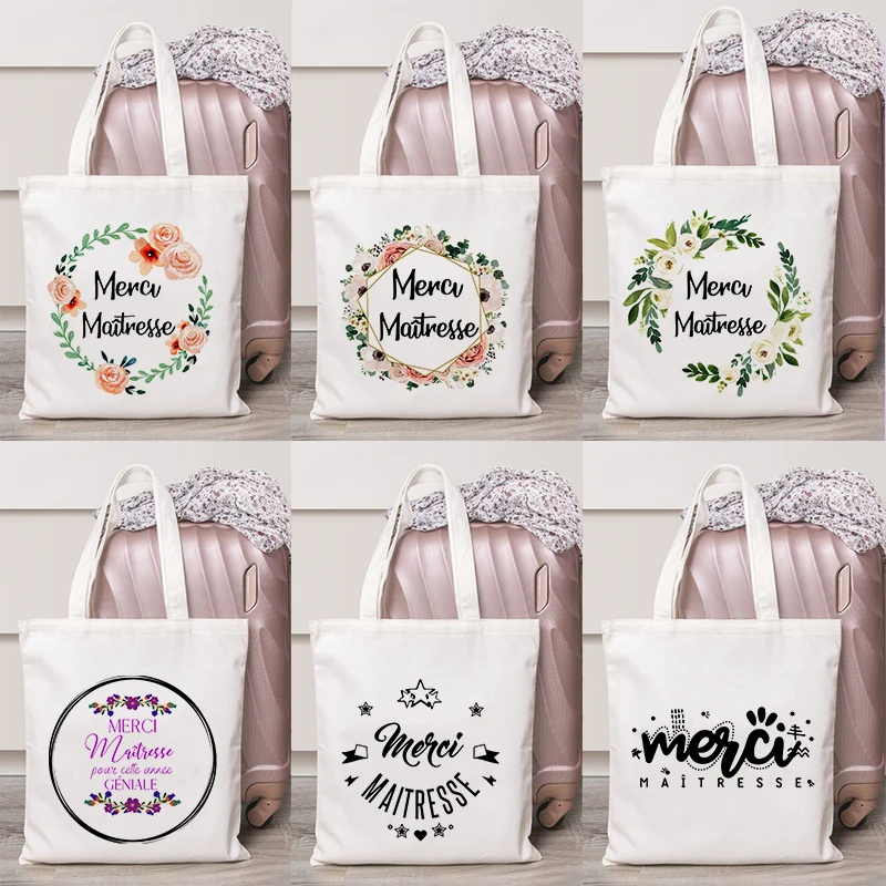 

Women Canvas Shopping Totes Female French Print Shoulder Bags Eco Storage Handbag Reusable Foldable Eco Book Pouch Teacher Gifts
