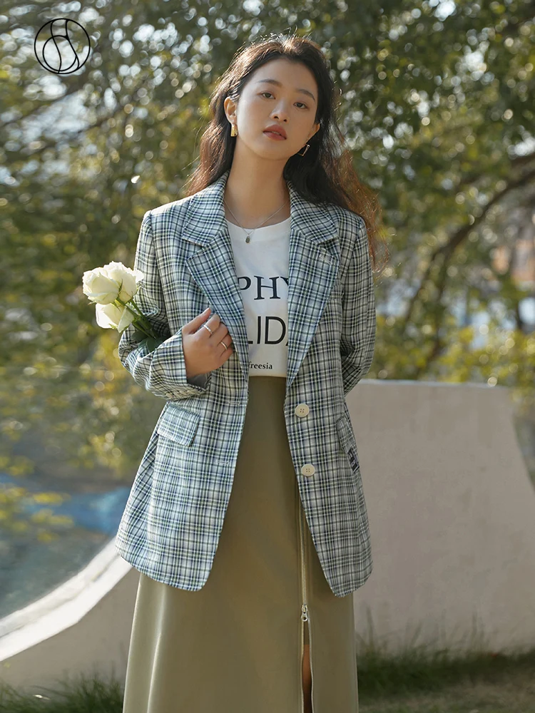 DUSHU Slightly Fat Lady Suit Collar Full Regular Sleeve Shoulder Pads Single-breasted Suit Office Lady Plaid Loose Casual Blazer