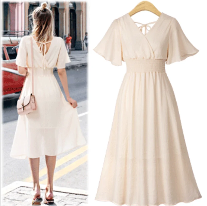 

2022 Summer Solid Color V-neck Chiffon Long Short Sleeve Skims Dress