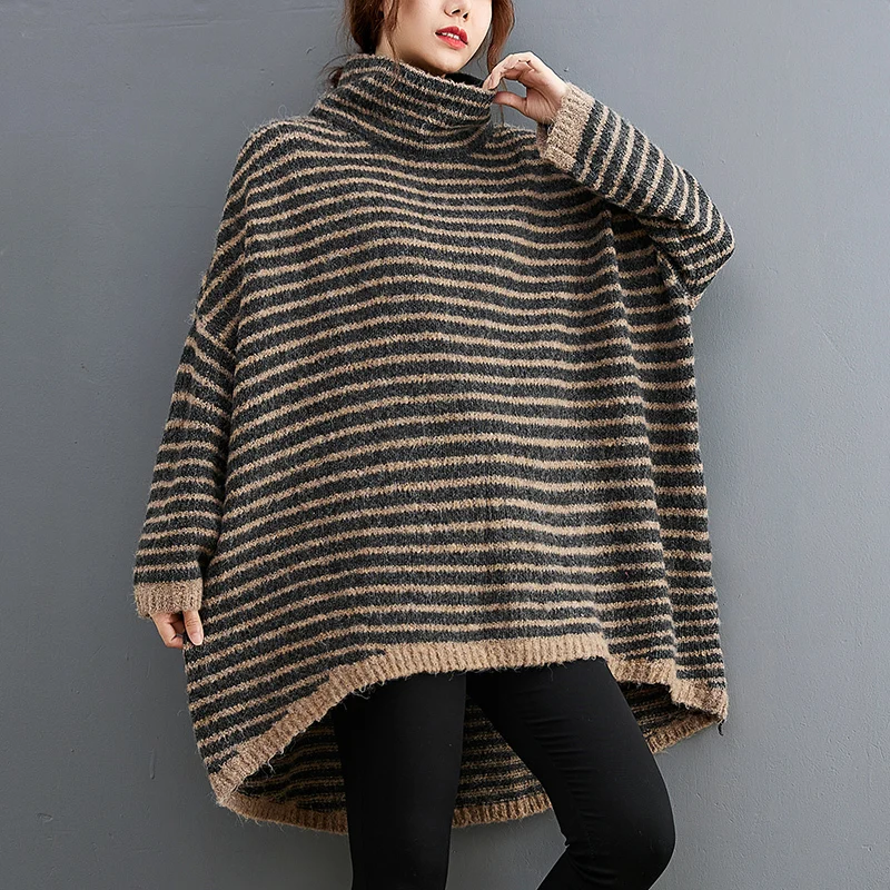 

Striped Knitted Turtleneck Sweater Women Autumn Winter Pullover Long Sleeve Top Loose Ladies Sweaters Fashion Clothes Mid-length