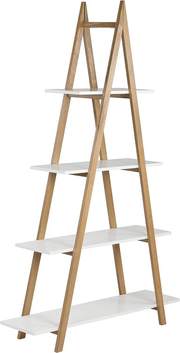 

4-Tier Ladder Bookcase, Leaning Free Stand Wood Bookshelf Frame Storage , Display Shelf for Home Office, Oak and White