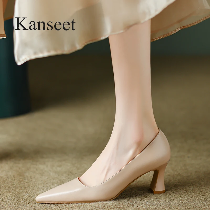 

Kanseet New Women Shoes Autumn Concise Genuine Leather Pointed Toe Pumps Handmade Party Dress High Heels Ladies Footwear Black