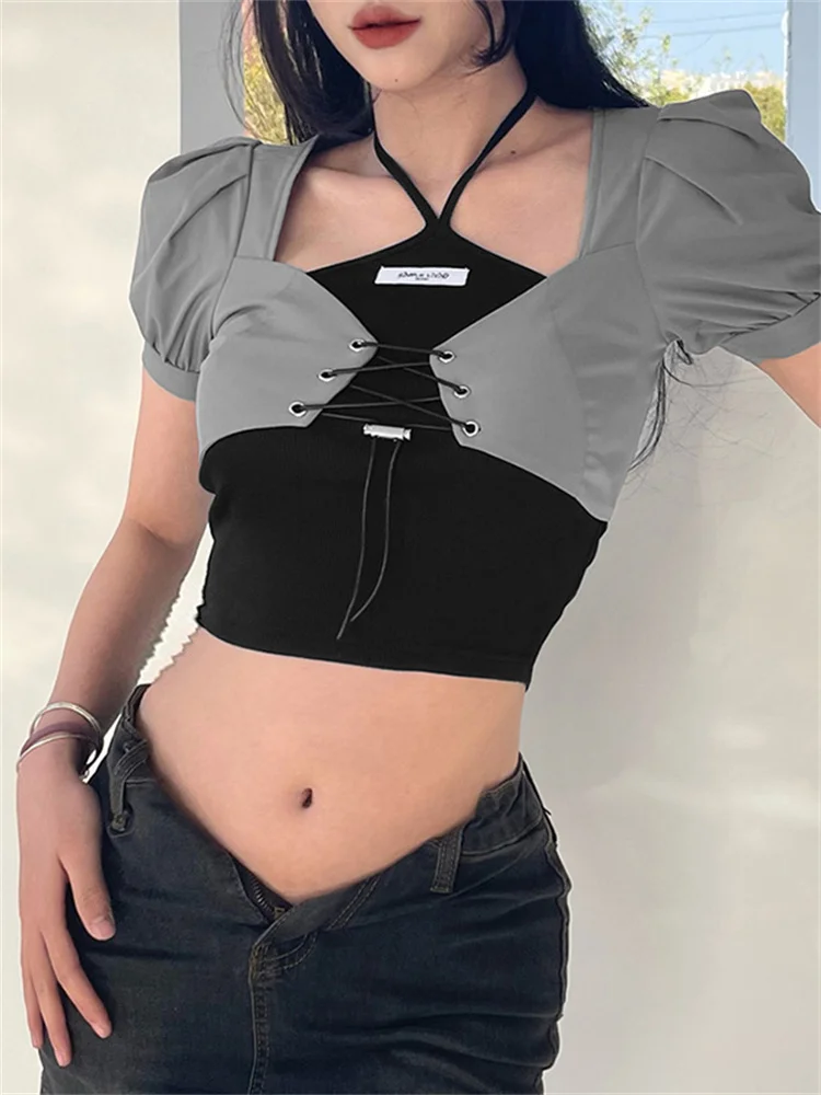 

Street Style Solid Color Hanging Neck Vest Fashion Bubble Sleeve Short Sleeve Two-piece Set Women's 2022 Spring New Women Tshirt