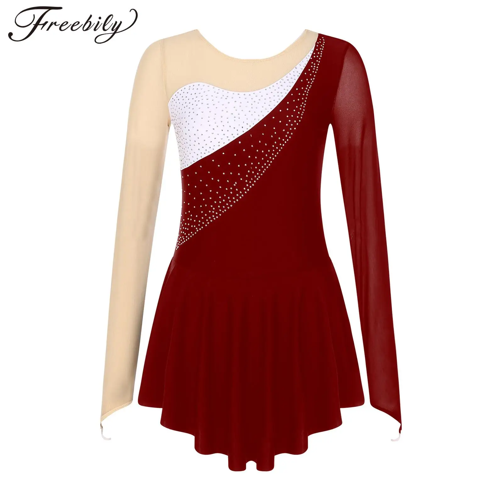 

Women Shiny Rhinestone Ballet Gymnastics Workout Dress Sheer Mesh Long Sleeve Figure Ice Skating Dress Competition Dance Costume