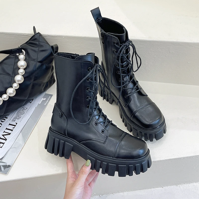 

WHNB Genuine Cow Leather Ladies Boots 2022 NEW Winter Women's Boots Round Toe Thick Heel Platform Shoes Ankle Boots For Women