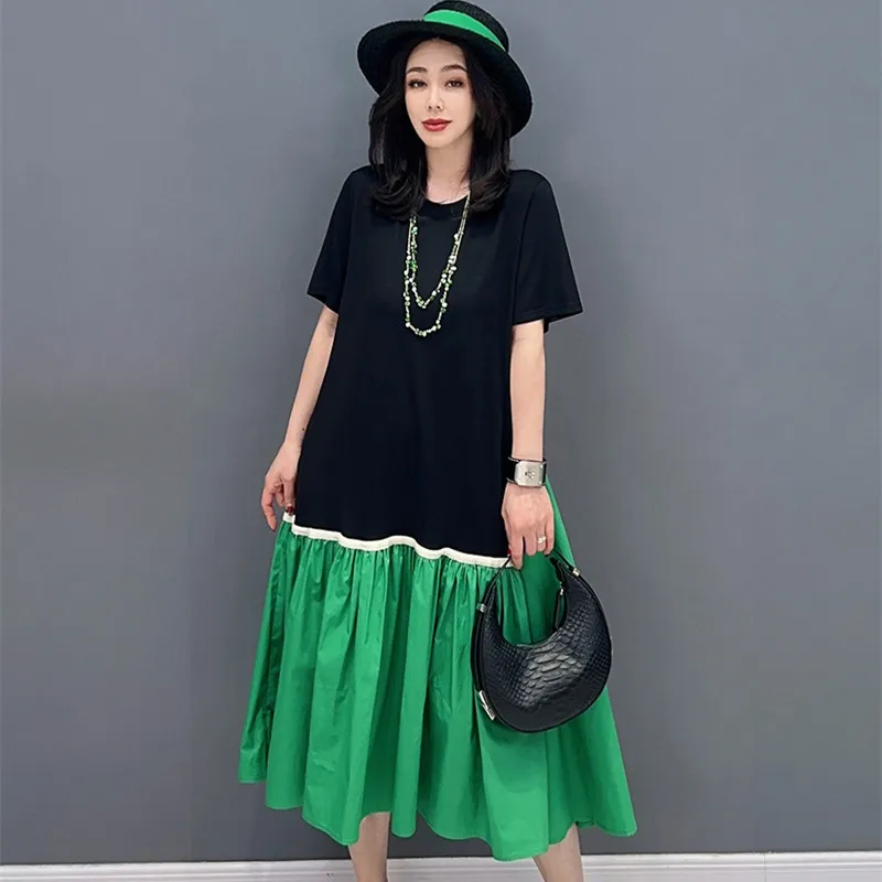 

Модное летнее платье 2023, лоскутное платье-пуловер, тонкие плиссированные платья-трапеции с коротким рукавом