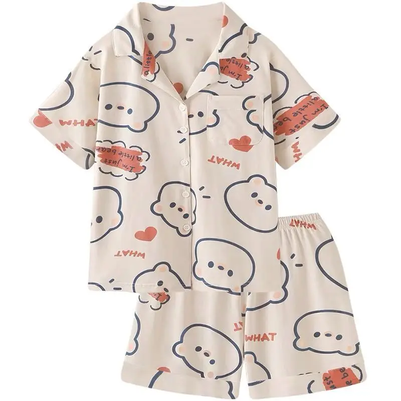 Women'S Pajamas Summer Short Sleeve Shorts Women'S 2 Piece Set Japanese Loose Kawaii Cartoon Satin Home Dress Underwear Set