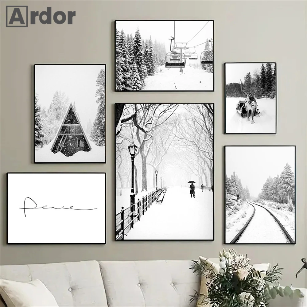 Черный белый зимний пейзаж постер снежный лес хижина рельс лижный подъемник