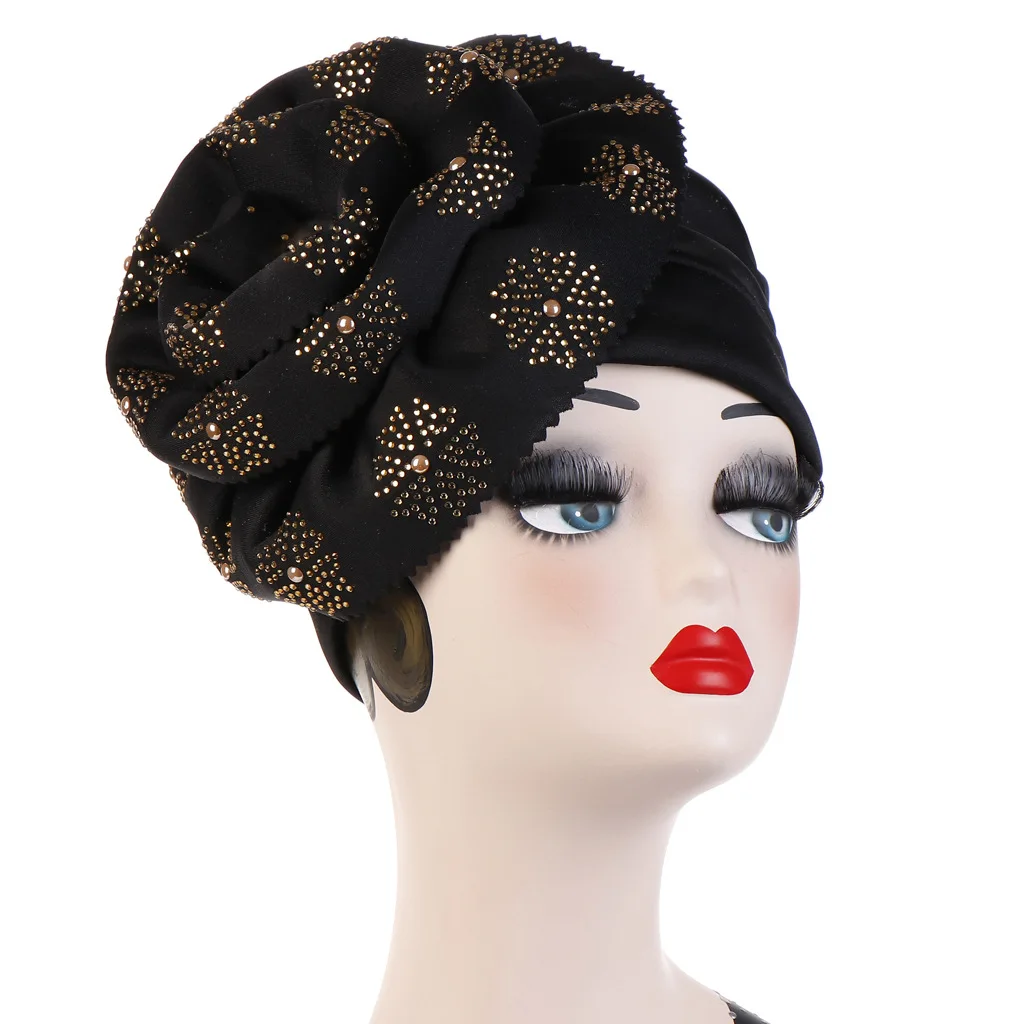 

Fashion Rhinestone Flower Solid Color Tam-O'-Shanter Luxury Muslim Turban Women Shiny Glitter Hijab Head Cover Beanie Chemo Cap