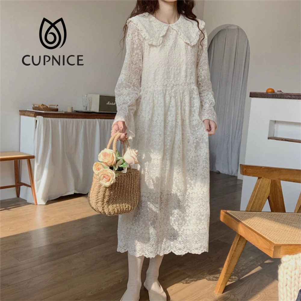 

CUPNICE 2021 Autumn and Winter New Women's Sweet Japanese Lace Elegant Loose Fairy Fresh Long Sleeve Plus Velvet Vintage Dress