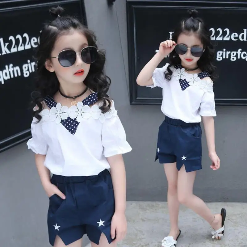 

2023 Girls Summer Sets 7 9y Short-sleeved Casual Tracksuit Shorts Patchwork 2 Piece Set Summer Suits for Kids Girls School Party