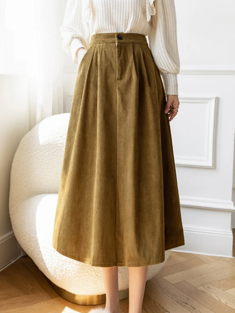 

Женская Вельветовая Юбка-миди VOLALO, элегантная однотонная длинная бархатная юбка А-силуэта с высокой талией в Корейском стиле, Осень-зима 202