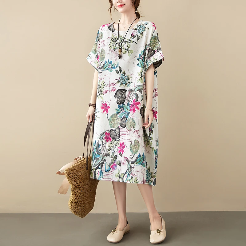 Женское винтажное платье из хлопка и льна тонкое Повседневное большого размера с