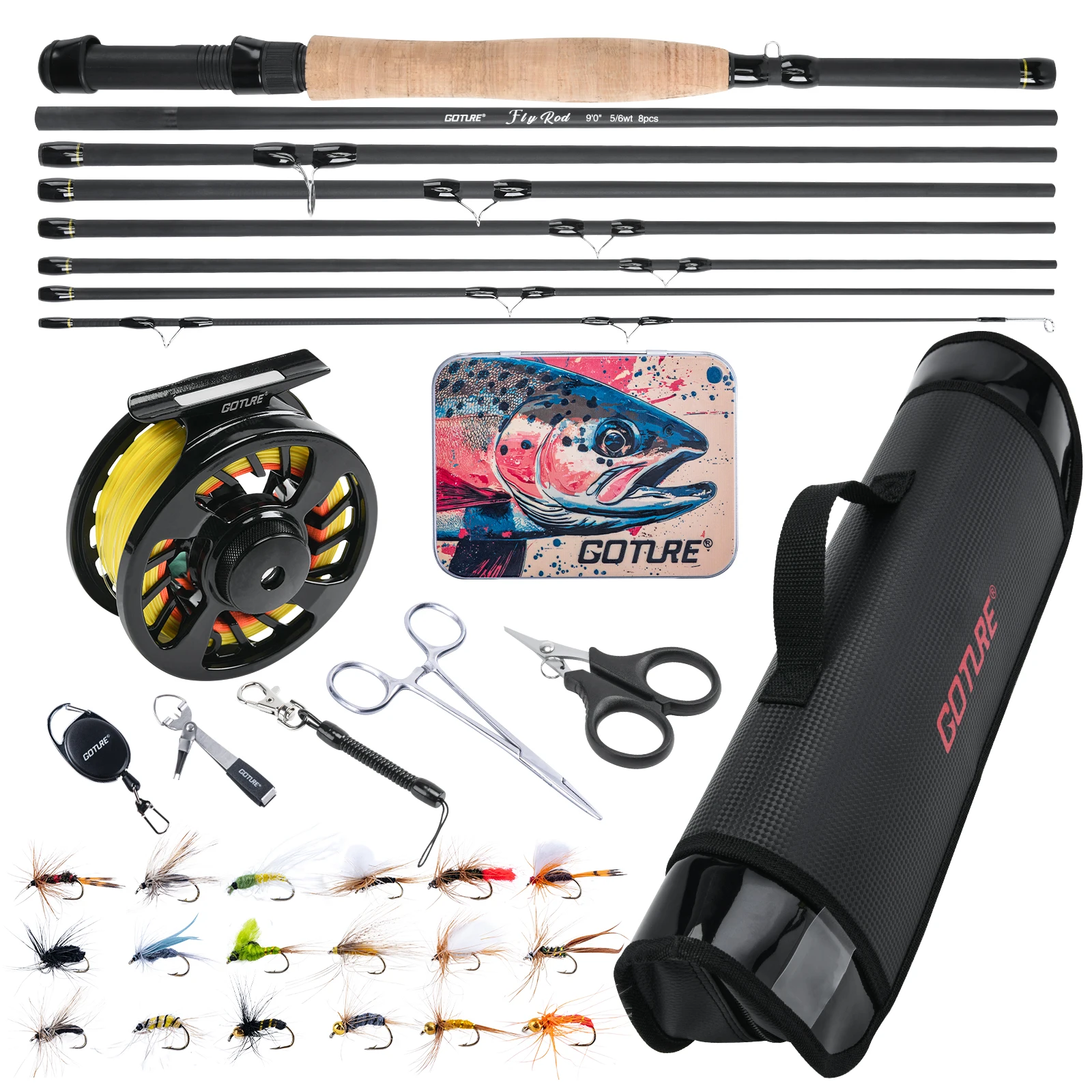 Фото Goture Fly Fishing и полный комплект катушки Карбоновая удочка нахлыстом и комбинированная катушка 5/6 для окуня нахлыстом Подходит Foy Stream №2