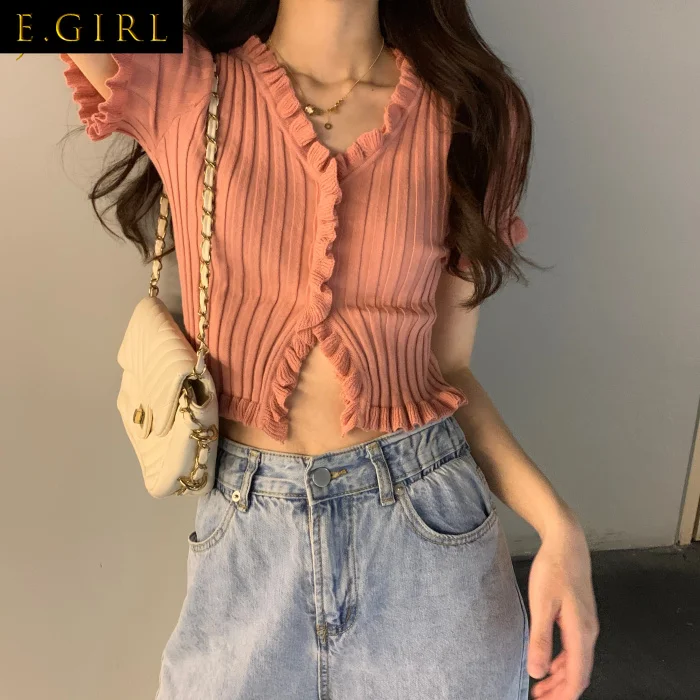 T-shirts Women Sexy Chic Cropped Knitted All-match Summer Party Ins Girls Tops Stylish Pure 4 Colors Casual College Teen Clothes