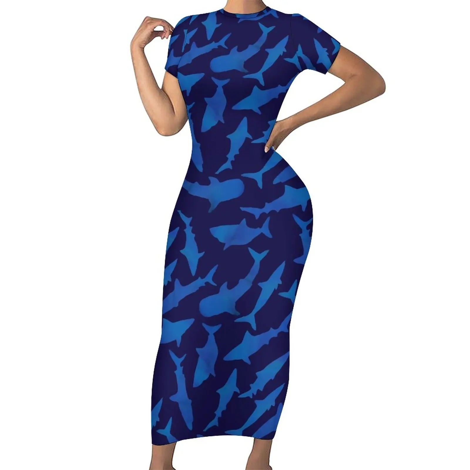 

Blue Shark Dress Short Sleeve Animal Print Cute Maxi Dresses Spring Street Wear Custom Bodycon Dress Big Size 4XL 5XL