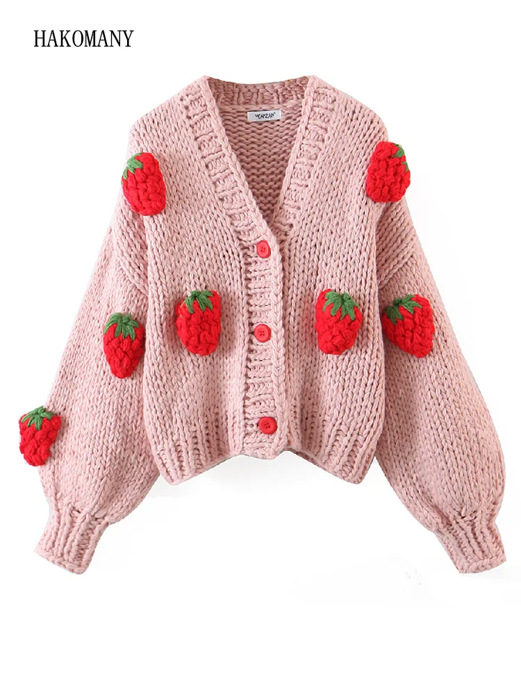 Vintage Woman V neck Long sleeve Purple Knitting Sweater Knitwear Jumper Retro 3D Fruit Strawberry Hand Crochet Ball Cardigan