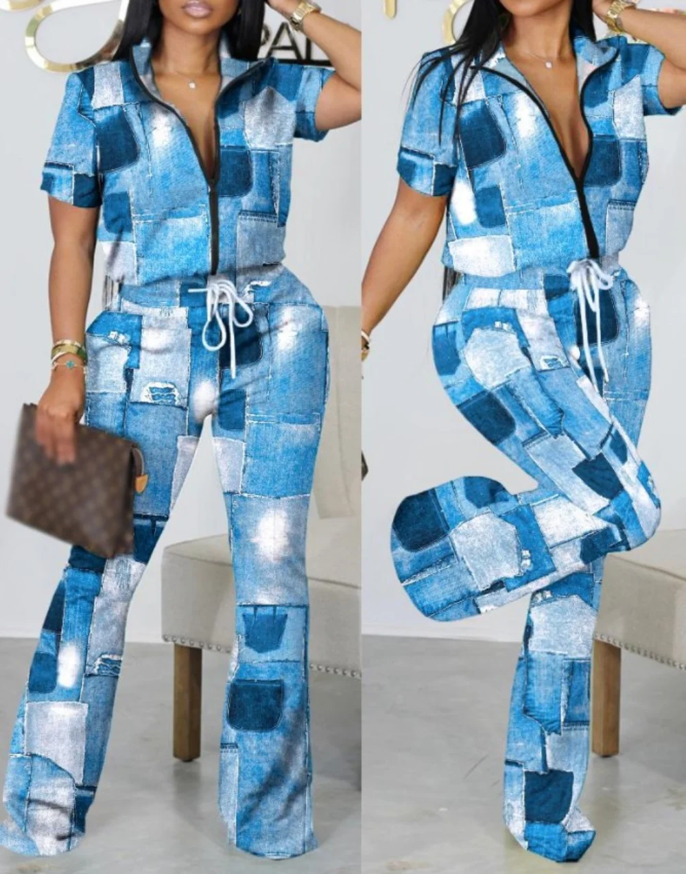 

Женский брючный костюм из двух предметов, Повседневная рубашка на молнии с коротким рукавом и расклешенные брюки, летний модный костюм из двух предметов