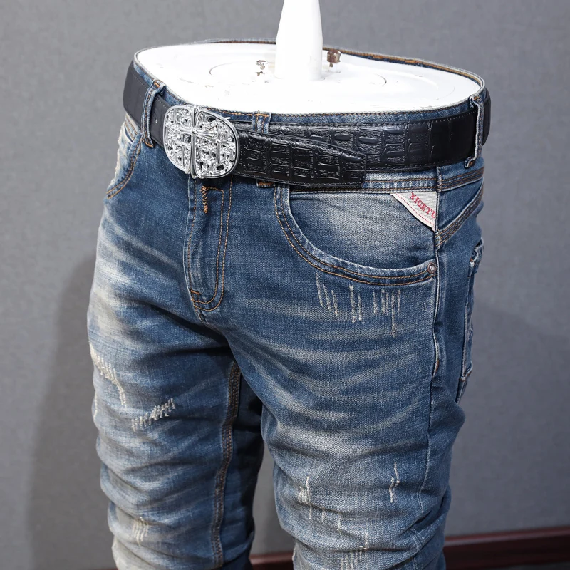 Newly Designer Fashion Men Jeans High Quality Retro Blue Elastic Slim Fit Ripped Jeans Men Trousers Vintage Denim Pants Hombre