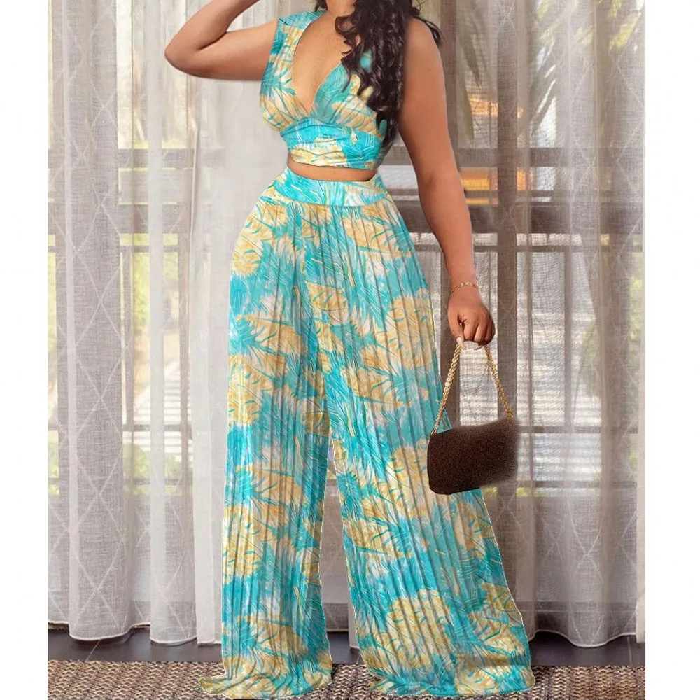 

2 Peice Sets Womens Outfit Summer Pleated Printed High Waist Wide-legged Pants And Vest Matching Female Fashion Sexy Suits