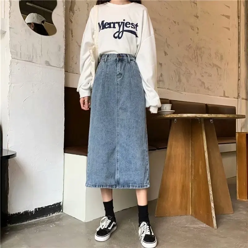 

Vintage French Split Denim Women's High Waist Bag Hip Long Skirt Covers The Crotch To Show Thin Temperament Mid-length Skirt