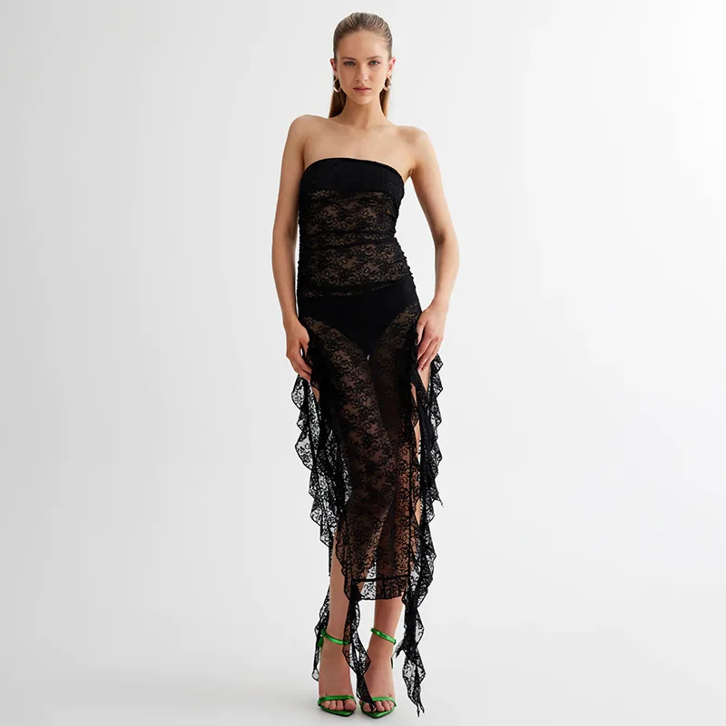 

Сексуальное кружевное платье без бретелек с кисточками, женские летние черные прозрачные Макси-платья с высокой талией, женское тонкое платье с высоким разрезом