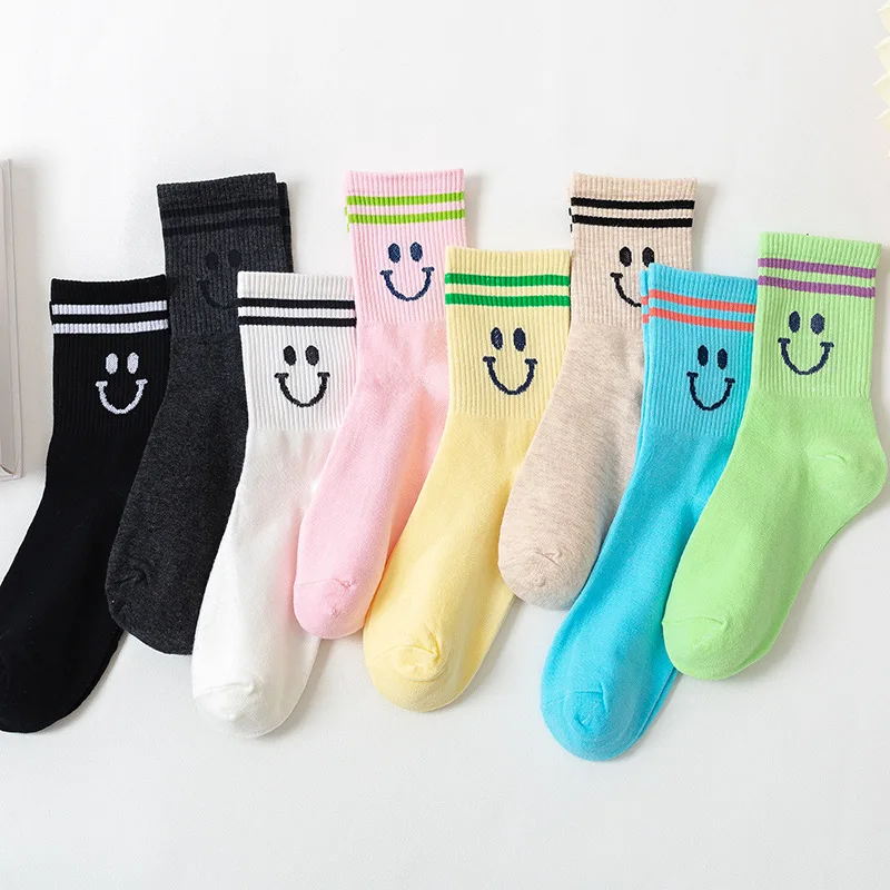 

Kawaii New Smiling Face Socks Women's Middle Tube Socks Candy Color Two-bar Cotton Socks Ins Tide Sports Style