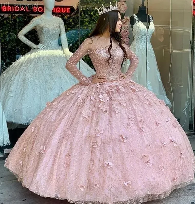 Голубые платья Quinceanera 2024 бальное платье Sweet 16 с длинными рукавами и блестками