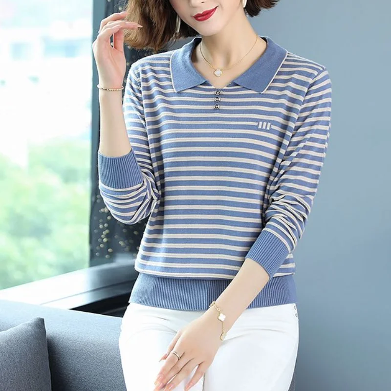 

Fashion Versatile Casual Commuter Women's Clothing Autumn and Winter Stripe Printed Doll Neck Long Sleeve Temperament Pullover