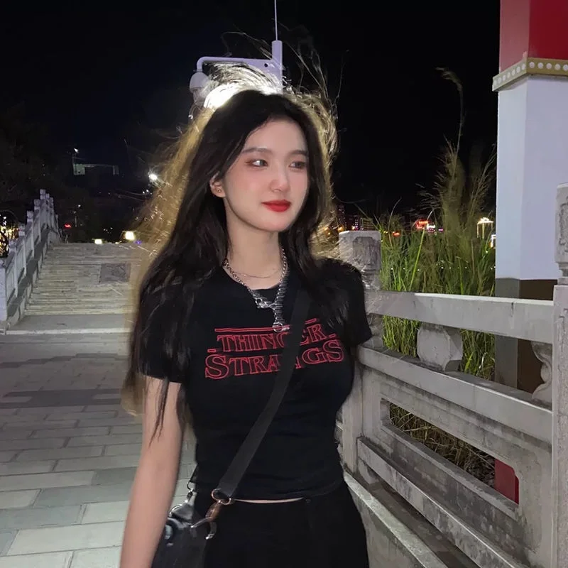 

European and American high street black short sleeve t-shirt female summer spice girl sweet cool BM style high waist thin expose